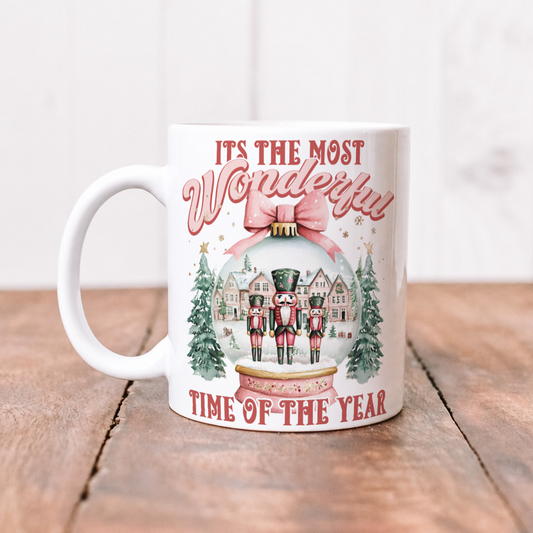 Hvitt julekrus med rosa Wonderful Time of the Year motiv